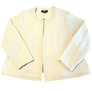 Talbots Ivory Textured Jacket 2X | Fringe Trim Open Front | Classic Winter White